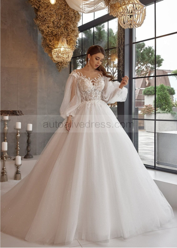 Long Sleeves Ivory Lace Glitter Tulle Romantic Wedding Dress